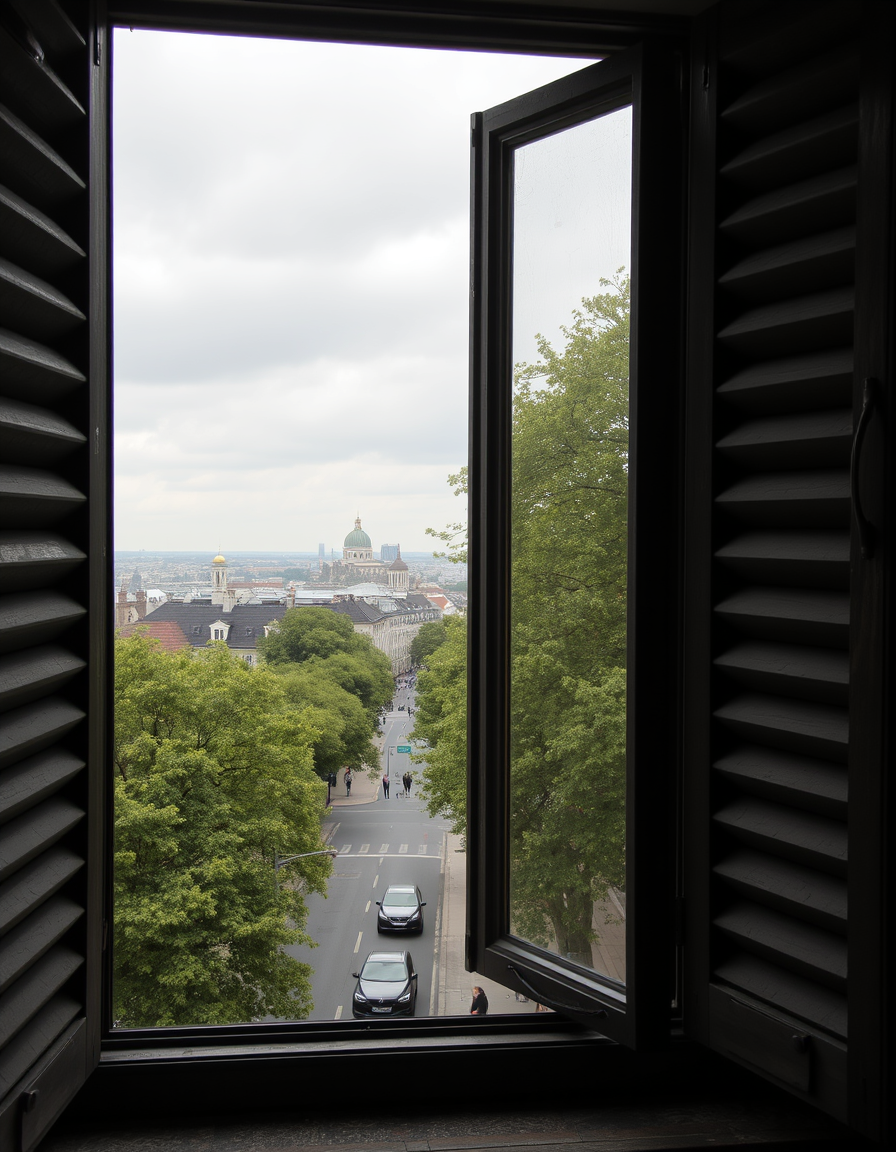 Main art studio: A view through an old window with shutters overlooking Warsaw. Outside the window, there are lush green trees, with the city visible in the distance.