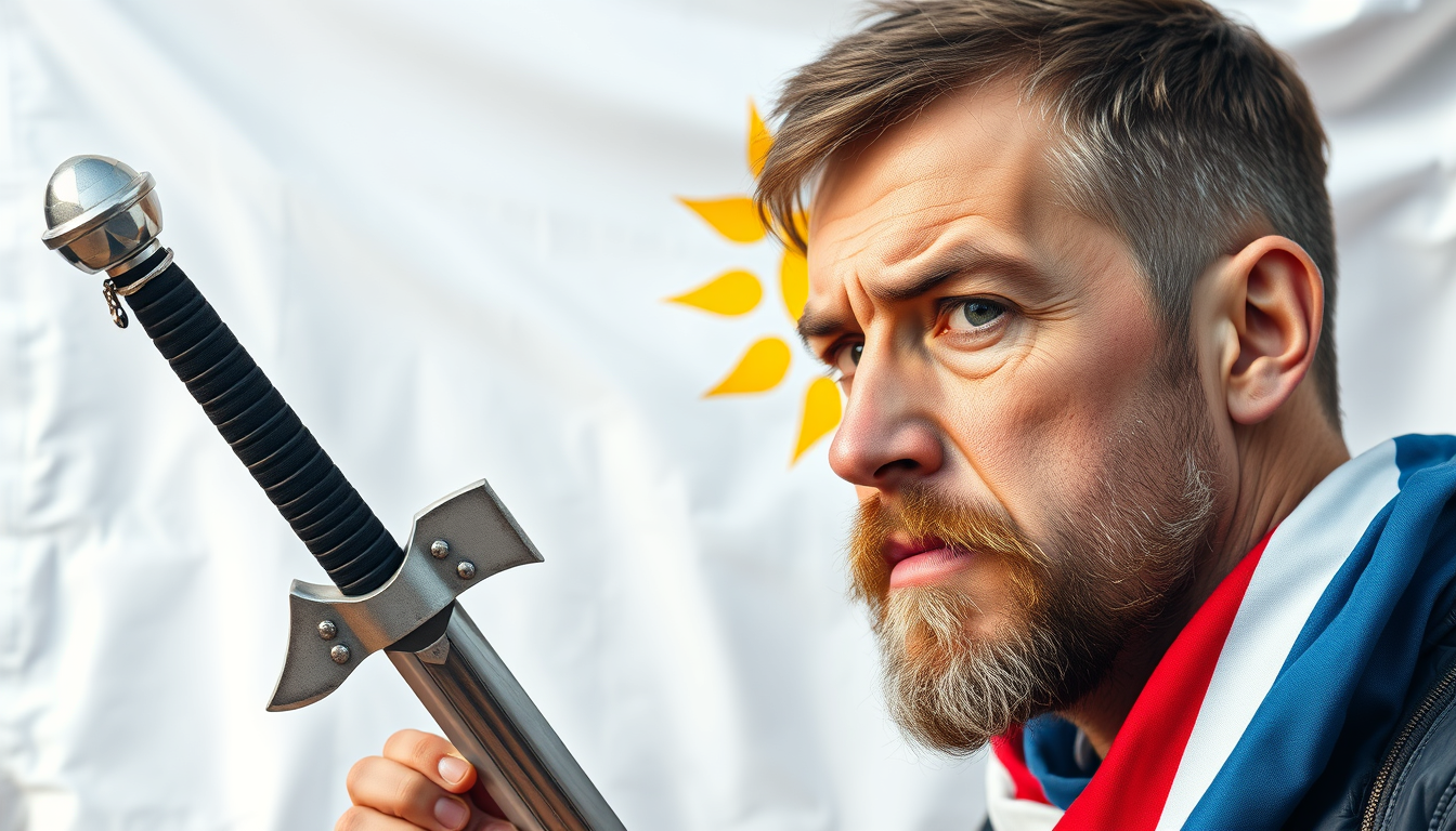Main art studio: Erstelle mir eine Flagge beziehungsweise ein Bild von einem Mann, der also das Bild sind zwei Menschen auf einem weißen Hintergrund und die sind im St