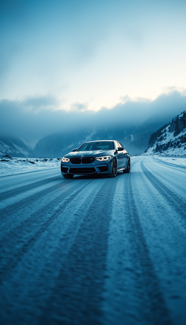 Main art studio: A frozen blue BMW M-series parked on an icy mountain road at dawn, snow-covered peaks, cold blue atmosphere, crisp headlights, subtle fog, detailed me