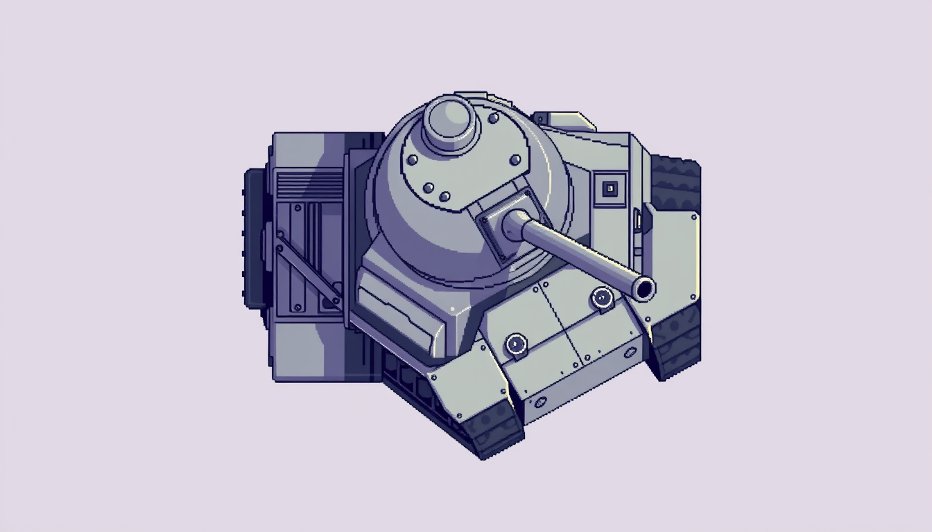 Sprites idea: a single readable game sprite with a controlled silhouette, palette, scale, and viewing angle, deliberate composition, pixel art tank, top-down, facin