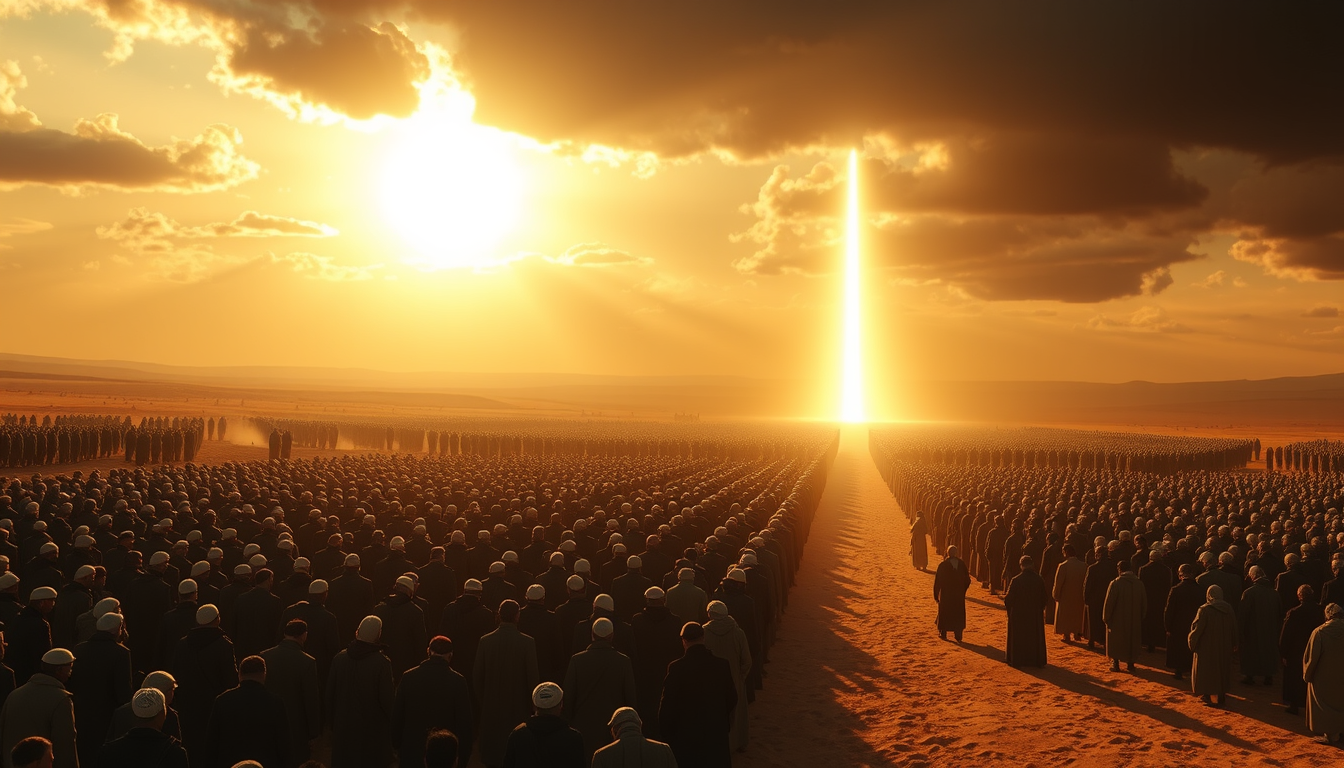 Main art studio: A terrifying cinematic scene of the Day of Judgment, an endless desert filled with countless frightened people standing silently, looking toward the v