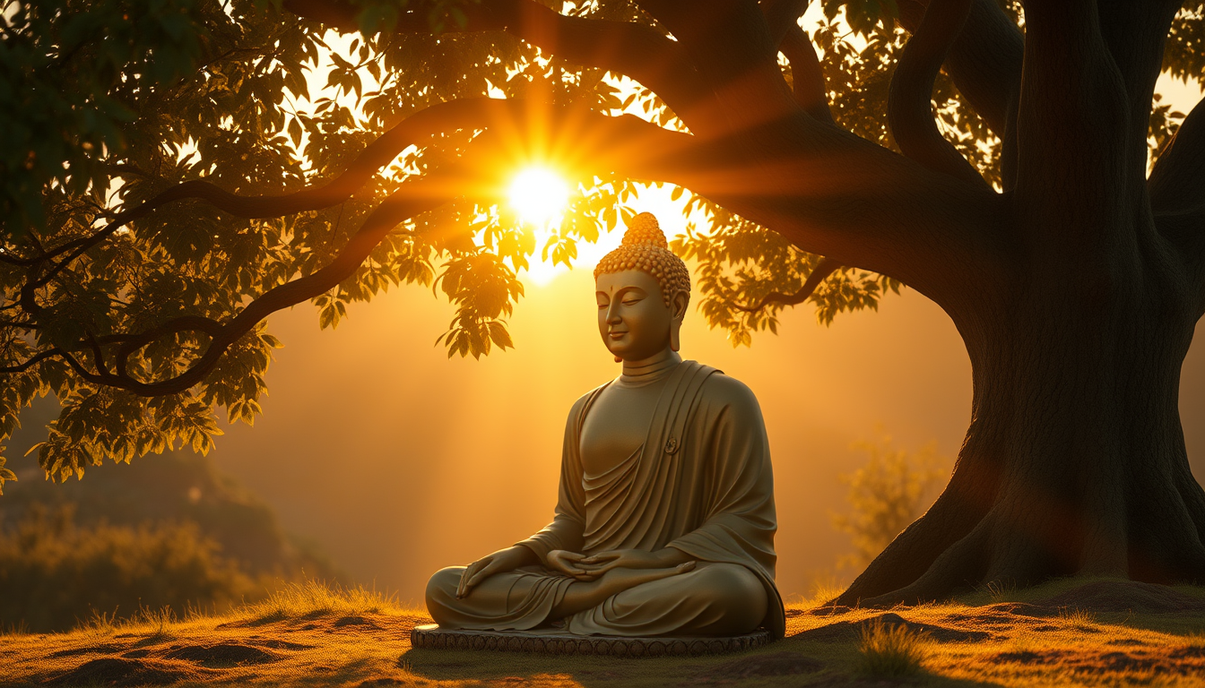 AI Art prompt example created from the prompt: Use your existing Buddha character reference. Buddha meditating peacefully beneath the Bodhi tree during golden sunrise, soft rays filtering