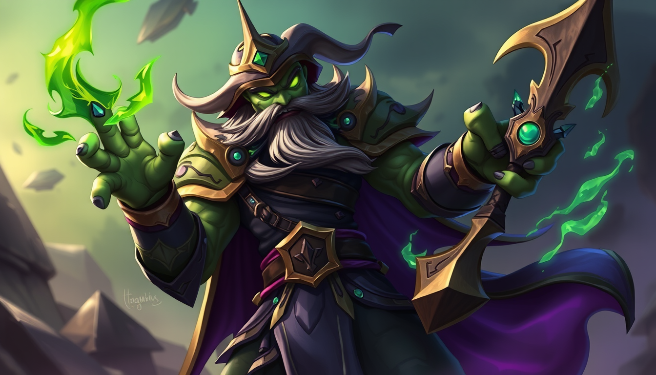 AI Art prompt example created from the prompt: combine sett from league of legends and a warlock make it world of warcraft style, make him be not green skin