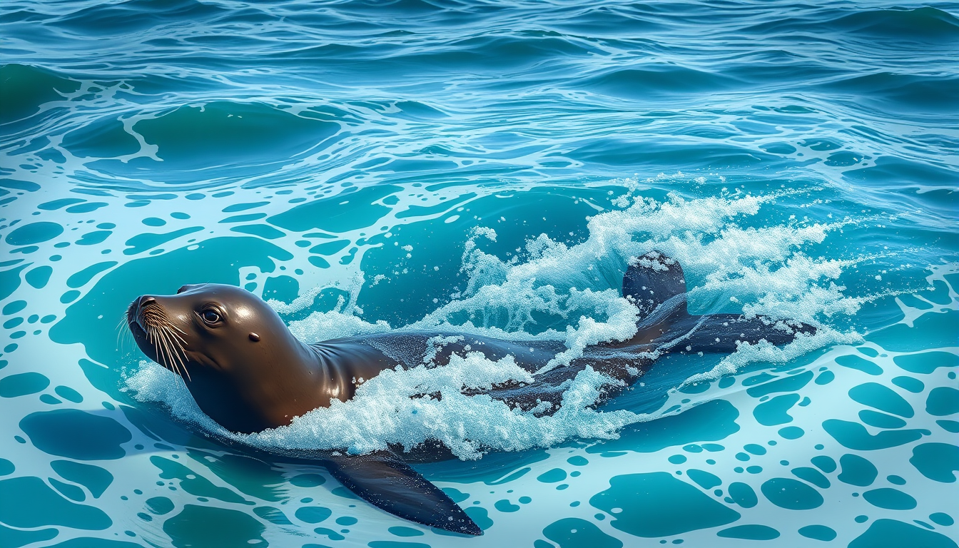 Main art studio: create a Comic-image: "60-year old blonde slightly overweight woman swims in the ocean with a seal by her feet in the white-water waves.