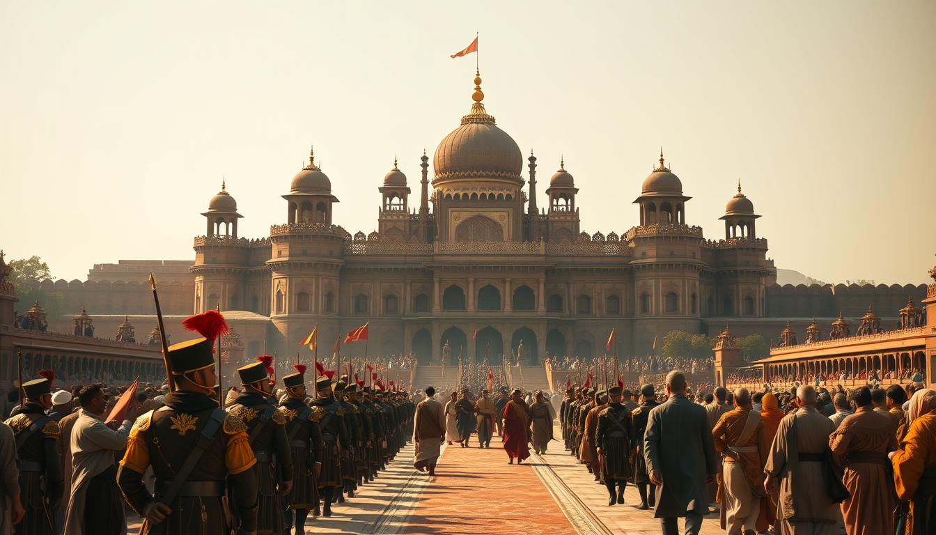 Main art studio: A grand cinematic historical scene of 16th-century Mughal India, a vast Mughal royal palace and fort rising in the background, royal guards, soldiers,