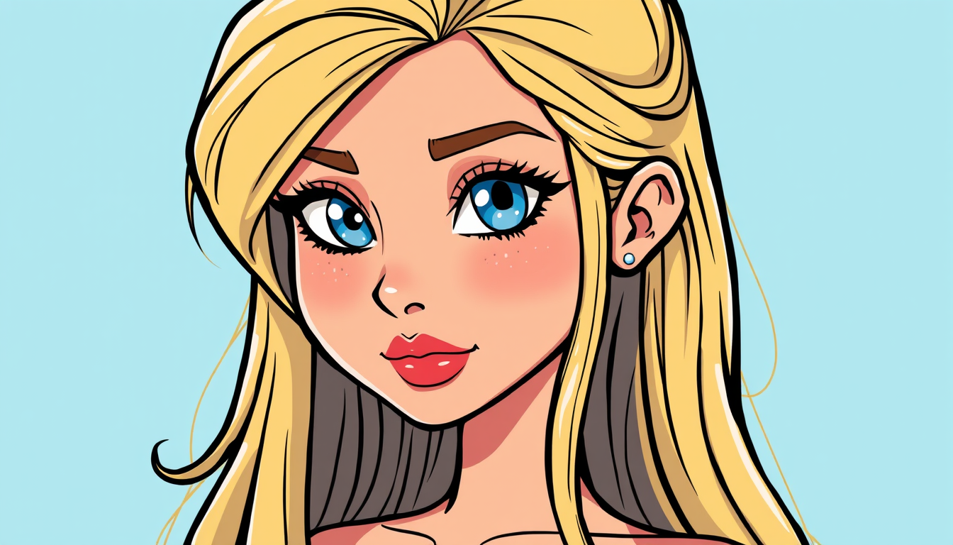 Cartoon Avatar idea created from the prompt: cartoon avatar, head-and-shoulders, bold outlines, flat shading, Manghawa , femme belle peau pâle cheveux long blond jusqu'au cheville yeux