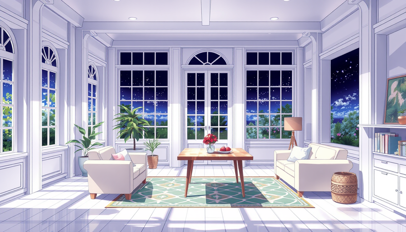 Anime idea: anime style, vibrant colors, expressive eyes, Kannst du ein Bild von einem großen weißem Raum mit gemütlichen Möbeln und einem kleinen Tisch erstellen