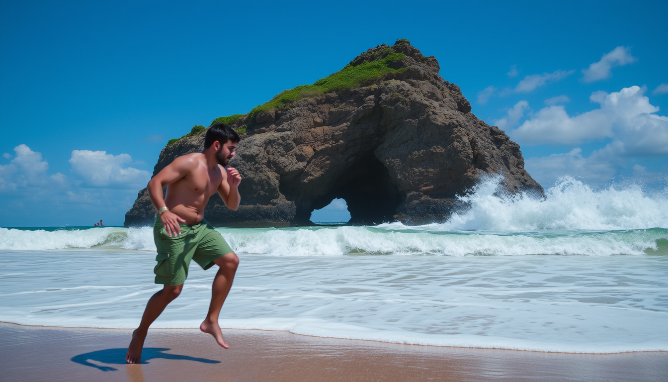 Main art studio: gera uma montanha com um homem securando um cajado com montanha pra frente da praia