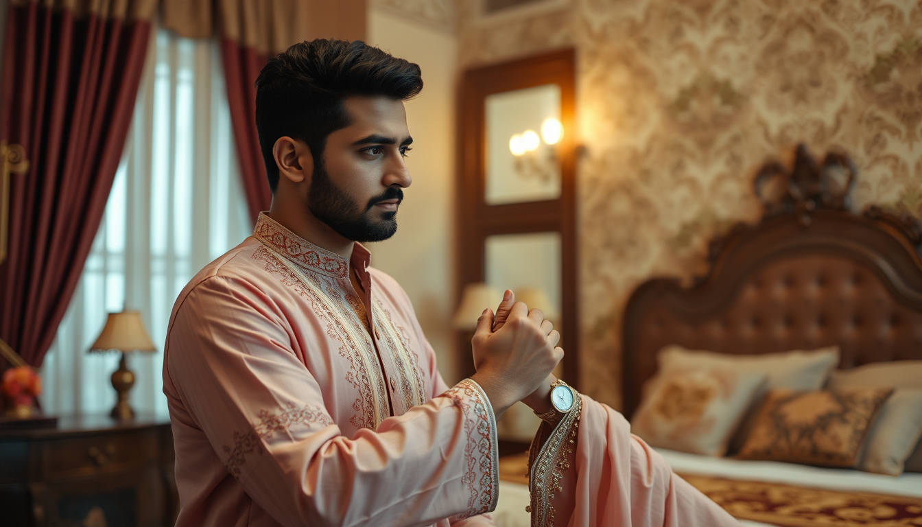 AI Art prompt example created from the prompt: Shahmeer, 28, handsome Pakistani man with short black hair and trimmed beard, gently holds Haya's injured hand inside an elegant haveli bedr