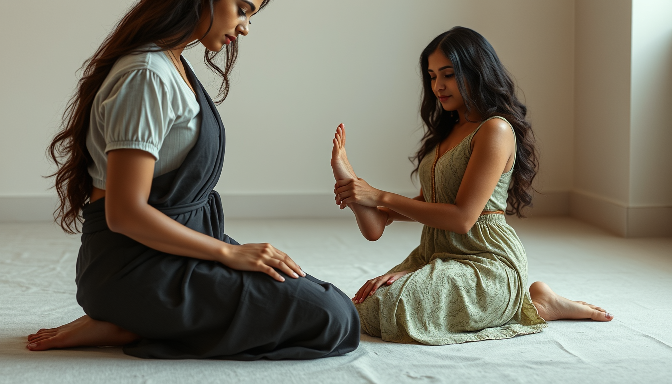 Realistic Images idea: photorealistic generated image, natural materials and skin texture, physically plausible lighting, One women kneeling with one feet on the floor and o