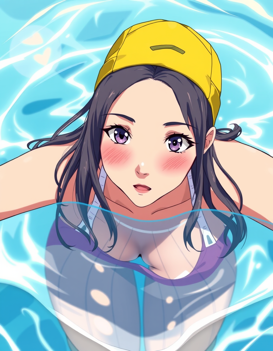 Photo To Anime idea: anime style portrait from the photo, cel shading, vibrant anime colors, expressive eyes, Full-body image of a female college student whose swimsuit ha