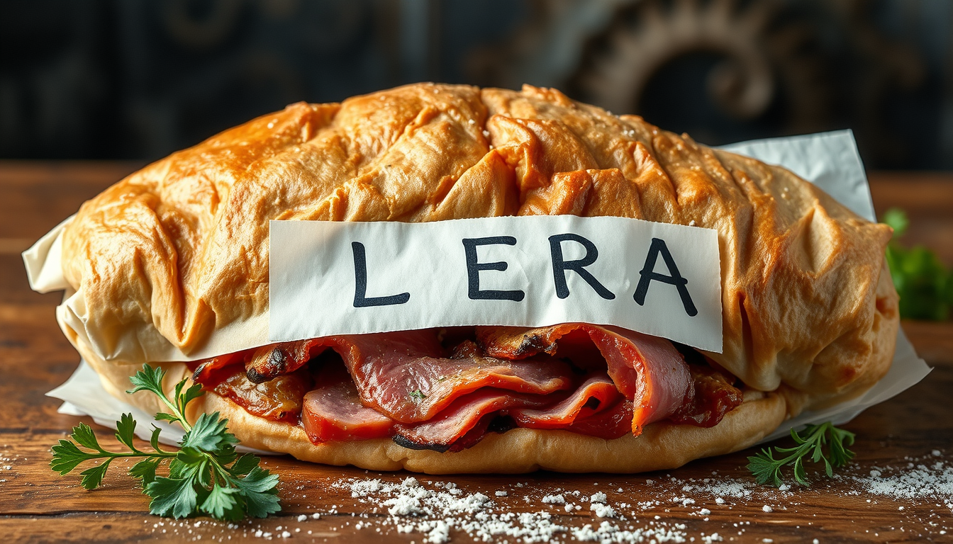 Main art studio: ein riesen döner mit fleisch und sosse wo auf dem papier V L E R A drauf steht