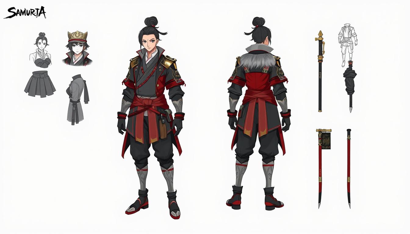 Character idea created from the prompt: original character design, detailed outfit and accessories, expressive personality, Wygraj mi samuraja jak jest na bitwę , character concept