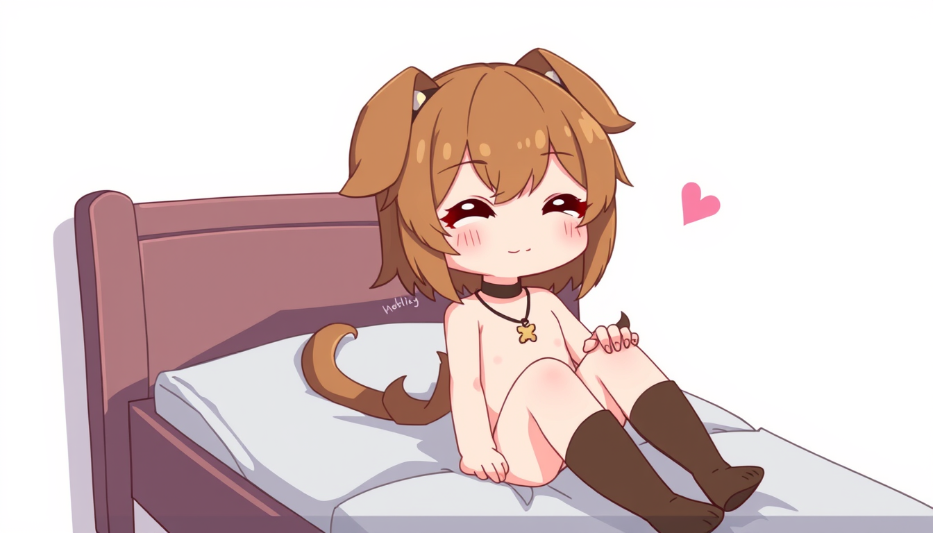 Main art studio: Digital anime illustration of an adorable original character, brown fluffy long hair, puppy ears, brown dog tail, brown eyes, winking, wearing a bone 