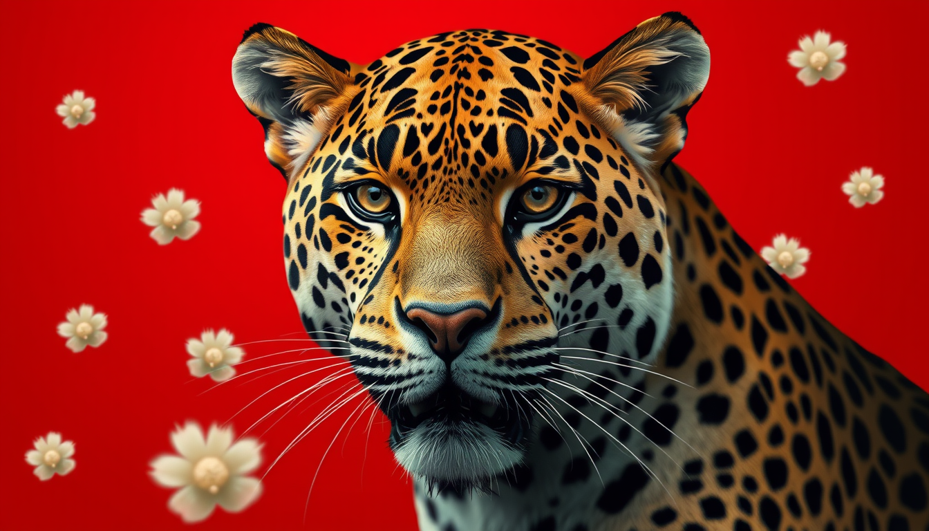 Main art studio: Mache mir ein Leoparden, wo ich den Kopf von nahem sehe. Aber der soll realistisch aussehen, aber nicht zu zu zu realistisch und er soll einen roten H