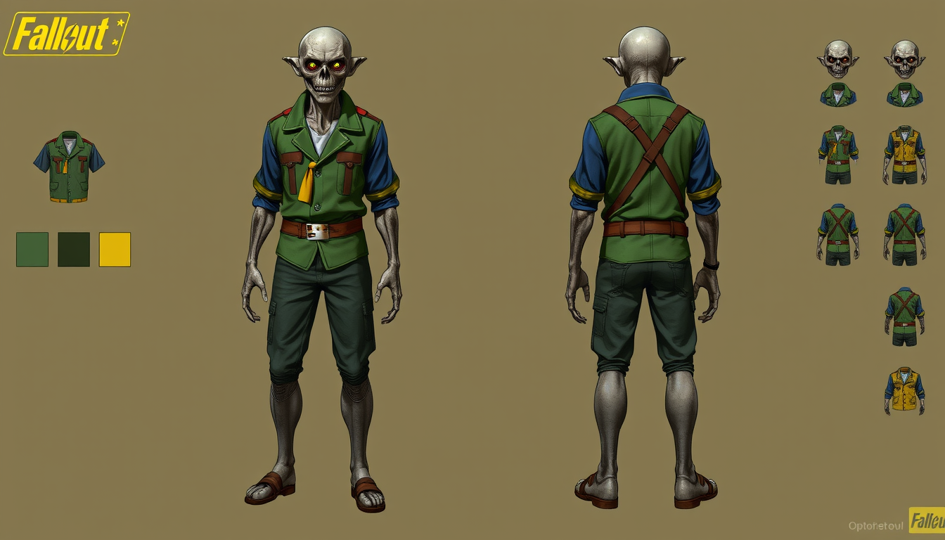 Main art studio: full length photo. ghoul from. Fallout universe. dressed in 1950s green, blue and yellow clothing. concept art for game. male. 6 clothing options. fro