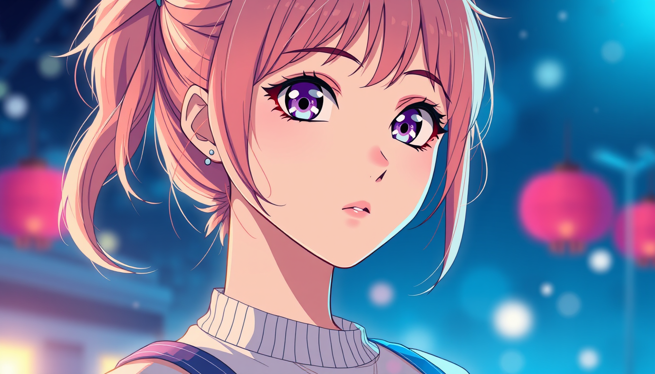 Anime idea: anime style, vibrant colors, expressive eyes, Молодая женщина 25 лет, блондинка с длинными светлыми волосами в высоком хвосте, голубые глаза, пухлые г