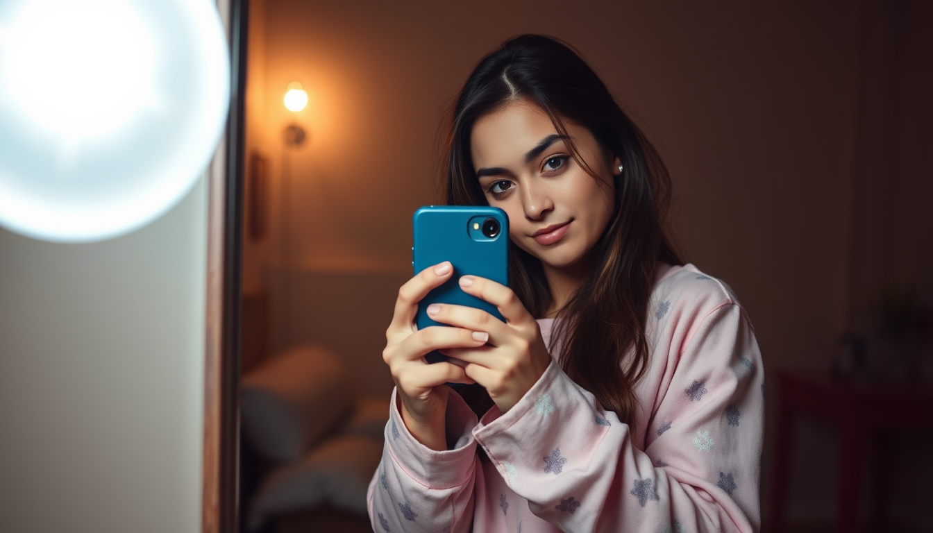 Main art studio: Fais une fille debout en pyjama, elle se prend en selfie miroir et il fait nuit , elle est tres jeune
