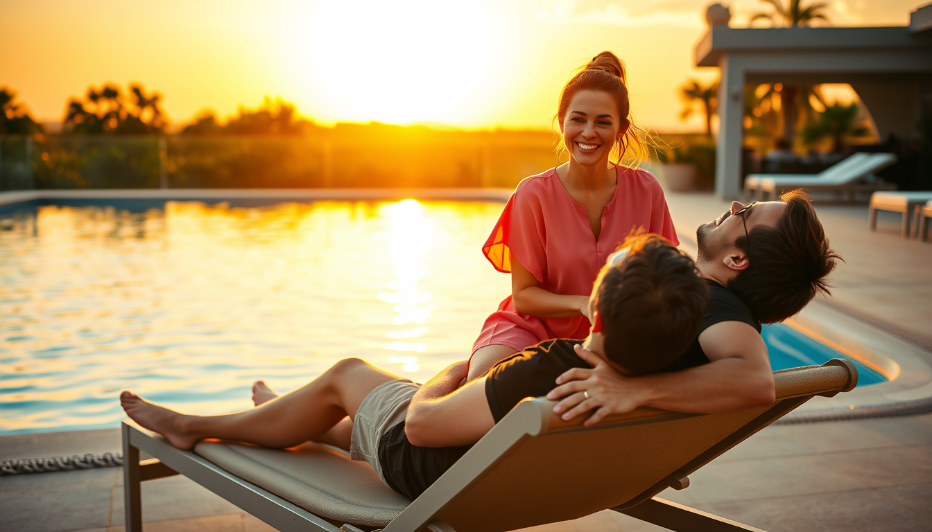 Main art studio: > Fotorealistisches Poolfoto bei warmem Sonnenuntergang. Eine erwachsene Frau mit dunklen, hochgesteckten Haaren sitzt auf einem Liegestuhl über einem