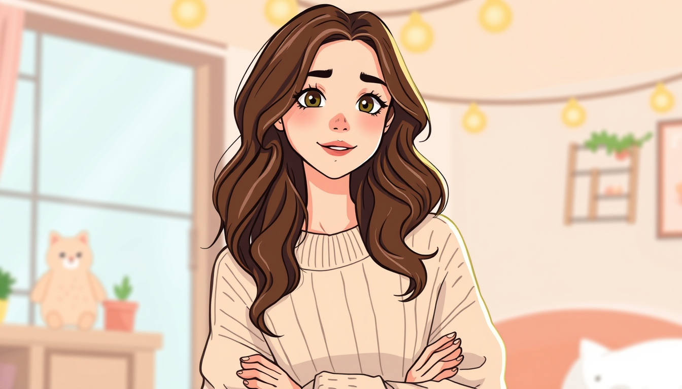 Main art studio: 25yo woman, wavy brown hair, cream sweater, cozy cartoon