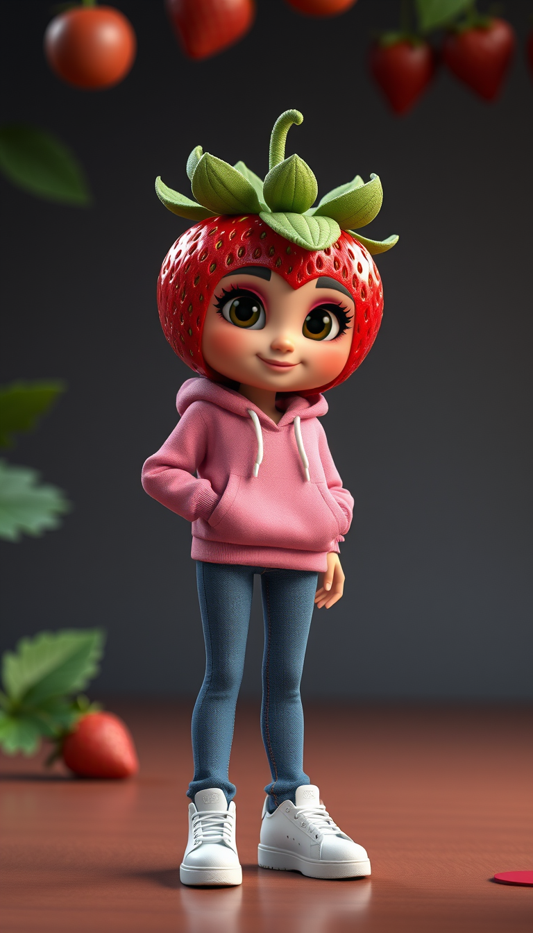 Main art studio: Create a high-quality cinematic 3D animated AI Fruit scene in a vertical 9:16 format. Strawberina is an anthropomorphic strawberry woman with bright r