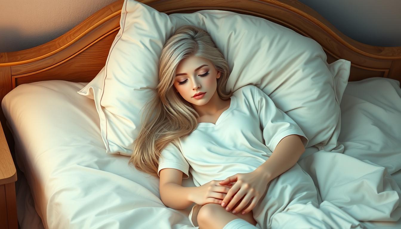 Main art studio: Genera una imagen de una chica con pijama suelta corta acostada en una cama con las piernas un poco abiertas con la cara sonrojada con los ojos cerrad