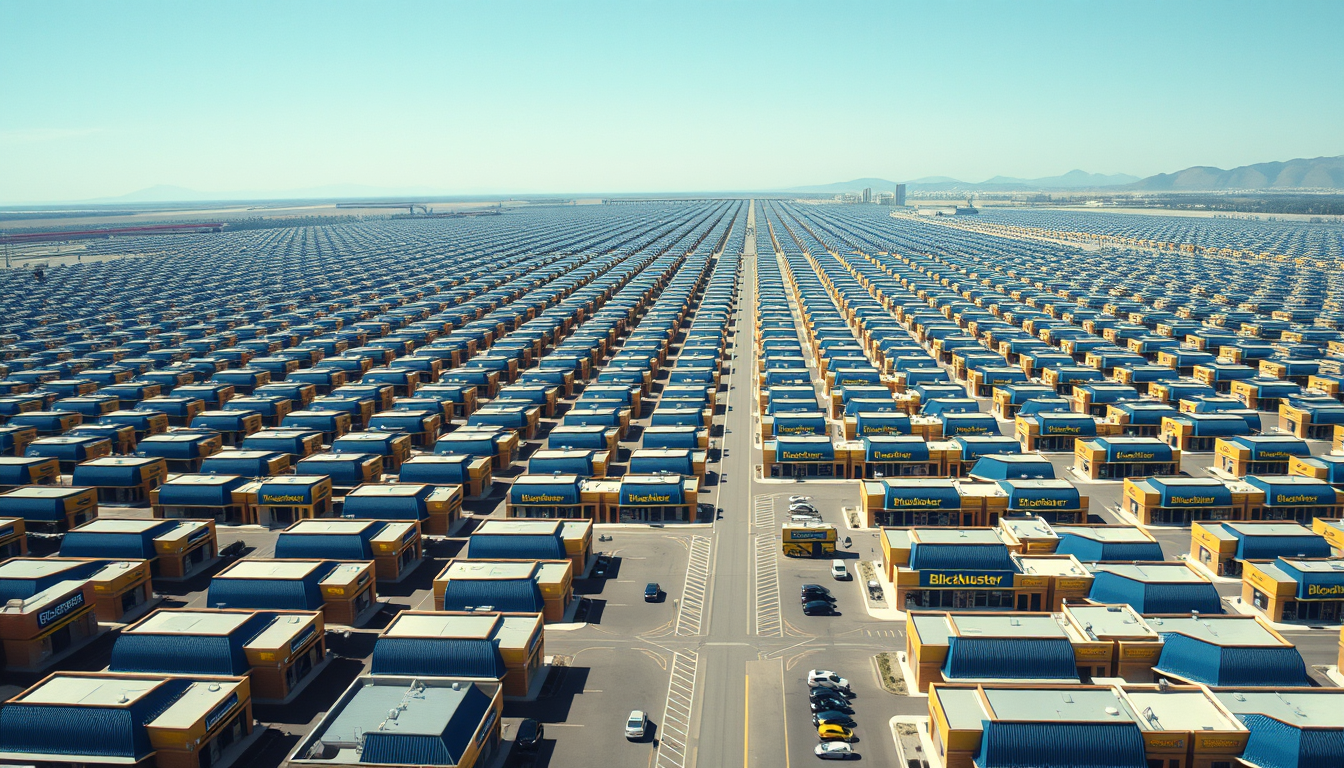Main art studio: Thousands of Blockbuster video rental stores arranged in a massive perfectly aligned grid, hundreds of identical storefronts repeating into the distan