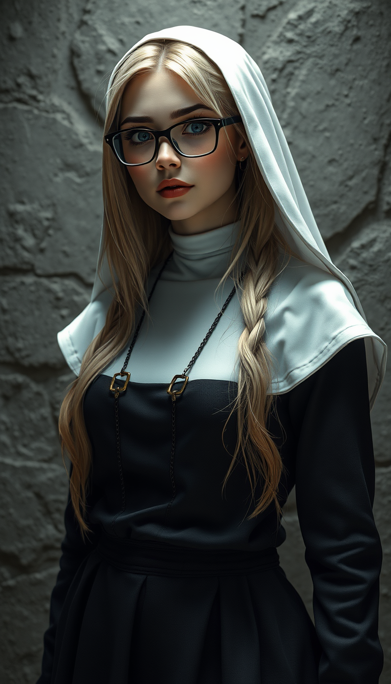 Realistic Images idea: photorealistic generated image, natural materials and skin texture, physically plausible lighting, Nun beauty mini skirts blonde hair glasses , cohere