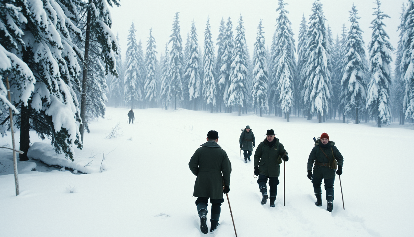 Main art studio: Remote snowy forest at the edge of the Ural Mountains in 1959, Soviet searchers following a trail toward a group of tall snow-covered trees, deep snow