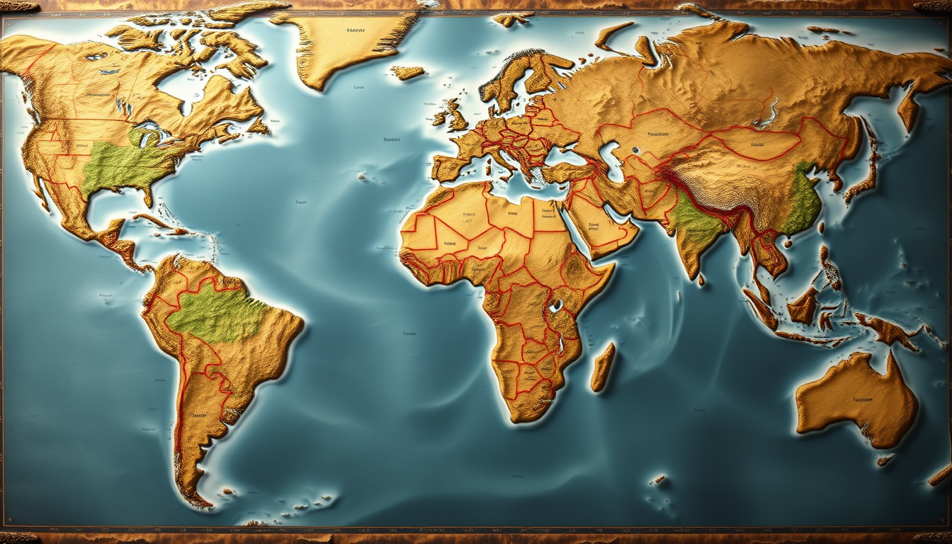 Fantasy Maps idea: a readable fictional world map with coherent coastlines, terrain regions, routes, and landmarks, deliberate composition, crie um mapa com 5 continente