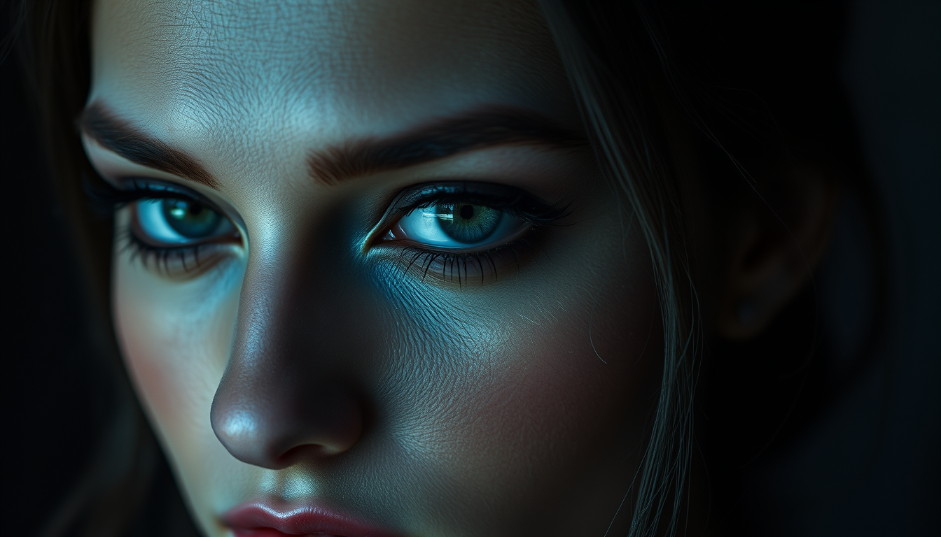 Main art studio: Cinematic portrait of a beautiful woman with sharp siren eyes, dark and mysterious look, inner corner eyeliner defined, smoky cat-eye effect, soft amb