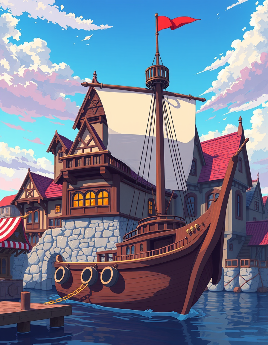 Anime idea: anime style, vibrant colors, expressive eyes, create a medieval ship naval port building with simple Toon cel-shaded artstyle , detailed anime illustr