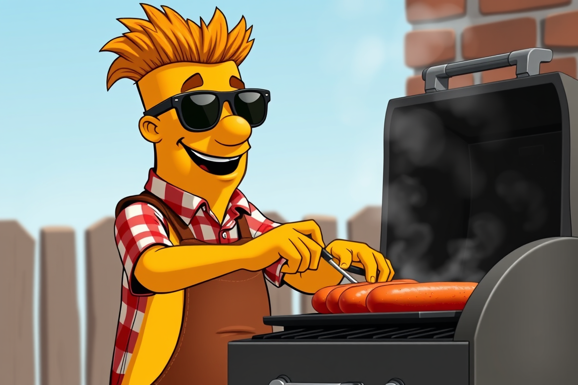 Main art studio: Create an image of Flat Eric wearing sunglasses. He is standing at the grill, turning the bratwurst.