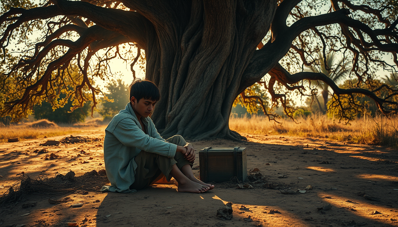 Main art studio: A poor young person wearing old, torn clothes, sitting alone beneath a huge ancient tree on a dry dusty path. The scorching summer heat is intense, su