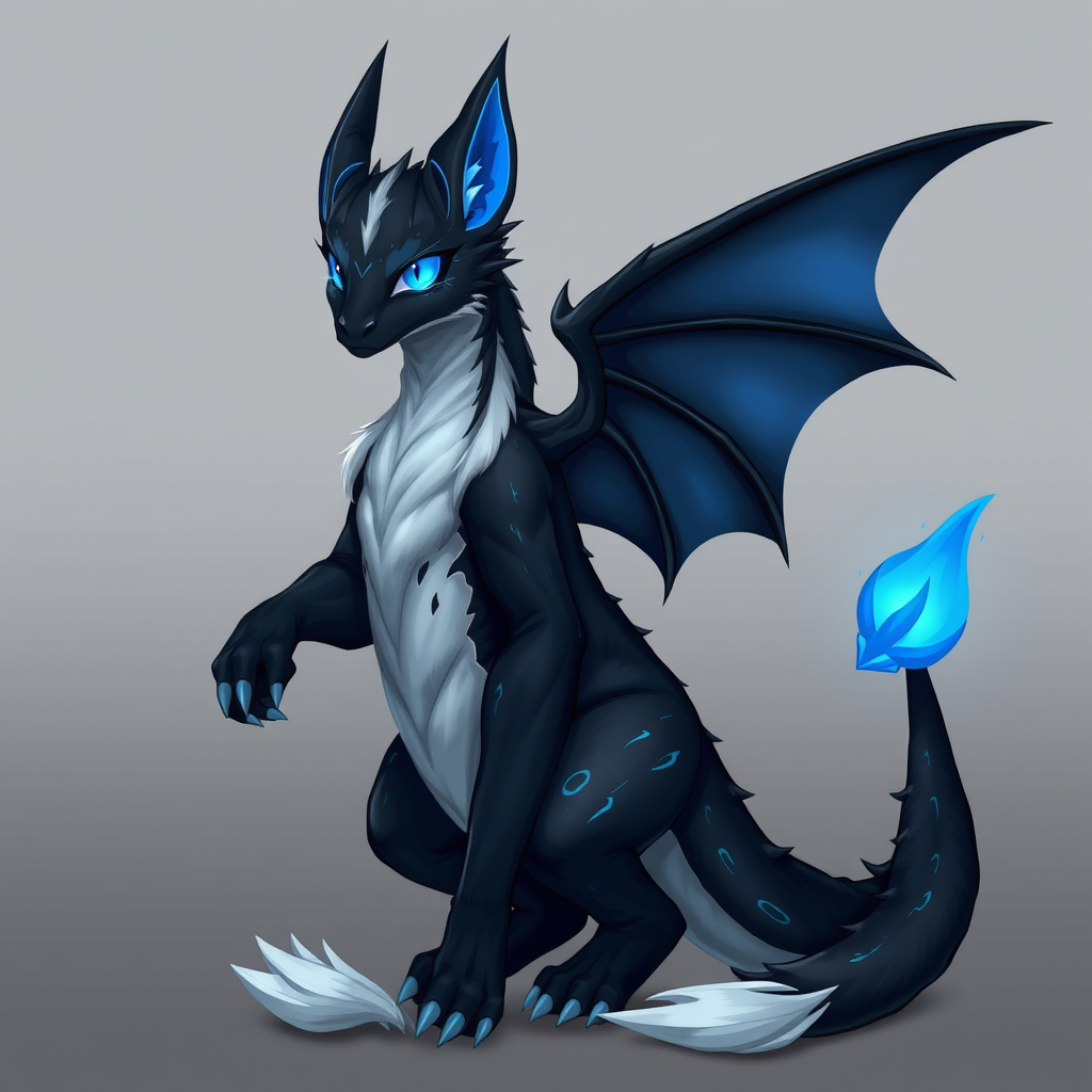 AI Art prompt example created from the prompt: Fursona anthropomorphe mi-loup mi-dragon, avec une apparence mystérieuse et protectrice. Fourrure noire et blanche, avec des écailles noires