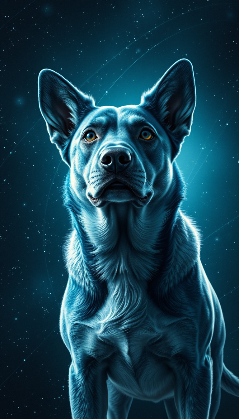 Main art studio: realistic Blue dog in deep space