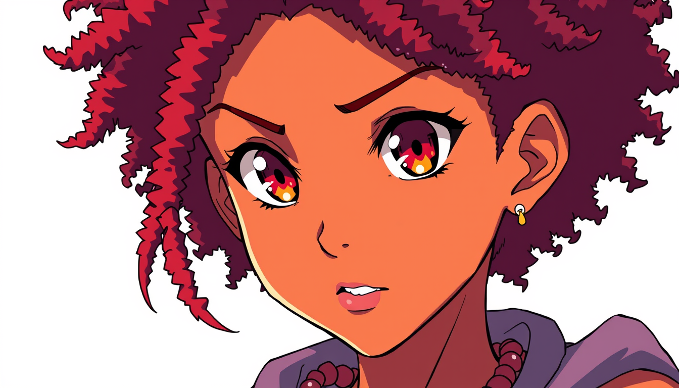 Anime idea: anime style, vibrant colors, expressive eyes, Africain cheveux roux pal touffu yeux vif , detailed anime illustration