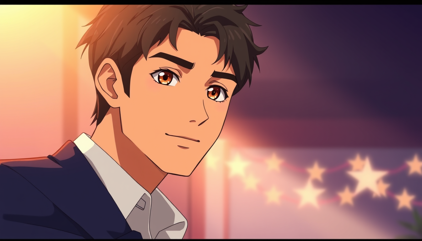 Anime idea: anime style, vibrant colors, expressive eyes, Beautiful young Arab man in elegant anime movie style, fair skin, black hair, warm brown eyes, gentle ha
