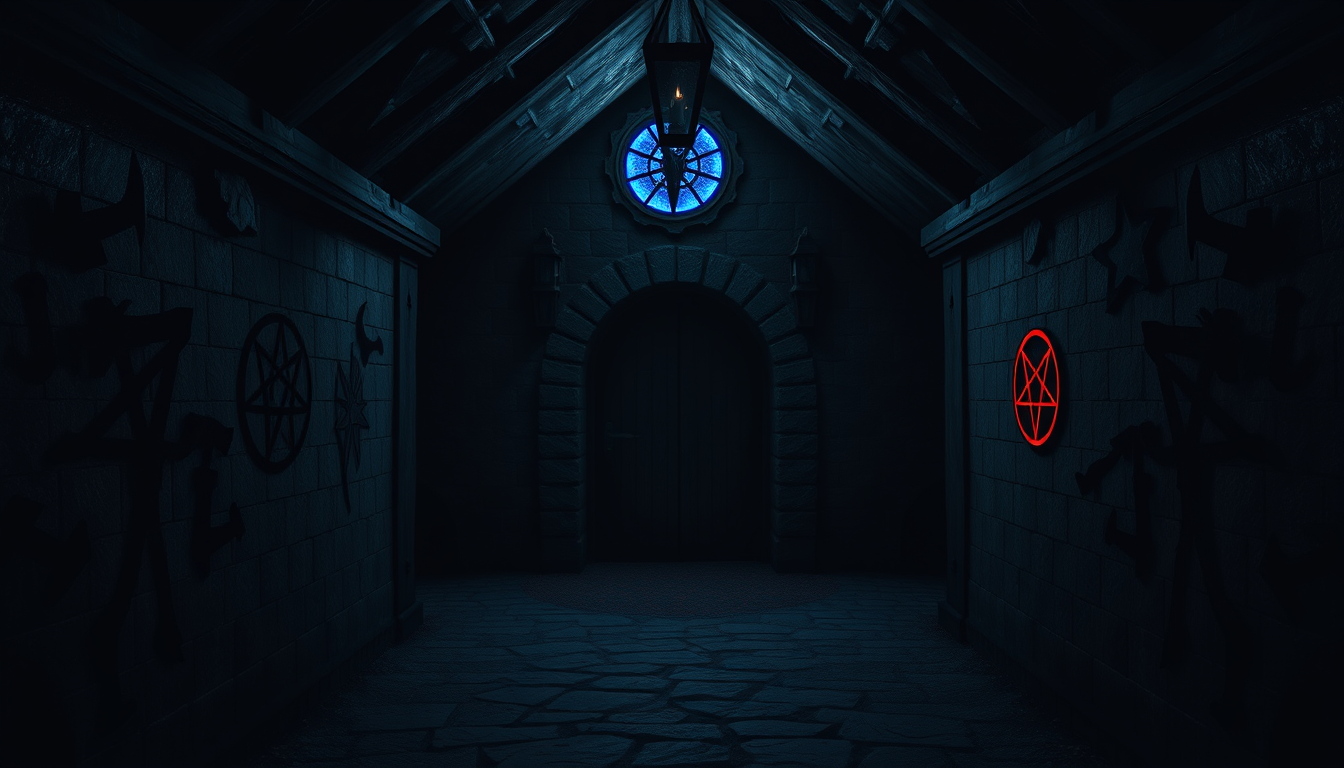 Main art studio: Innenansicht eines Hausen Keller dunkel mit Satanischen Symbolen Blau und Rot