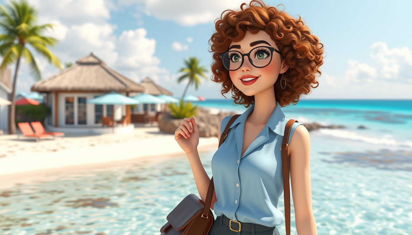 Main art studio: 💼 chloe stylish, independent, business-minded friend. 3d cartoon white girl in her early twenties with curly brown hair she in Aruba exploring