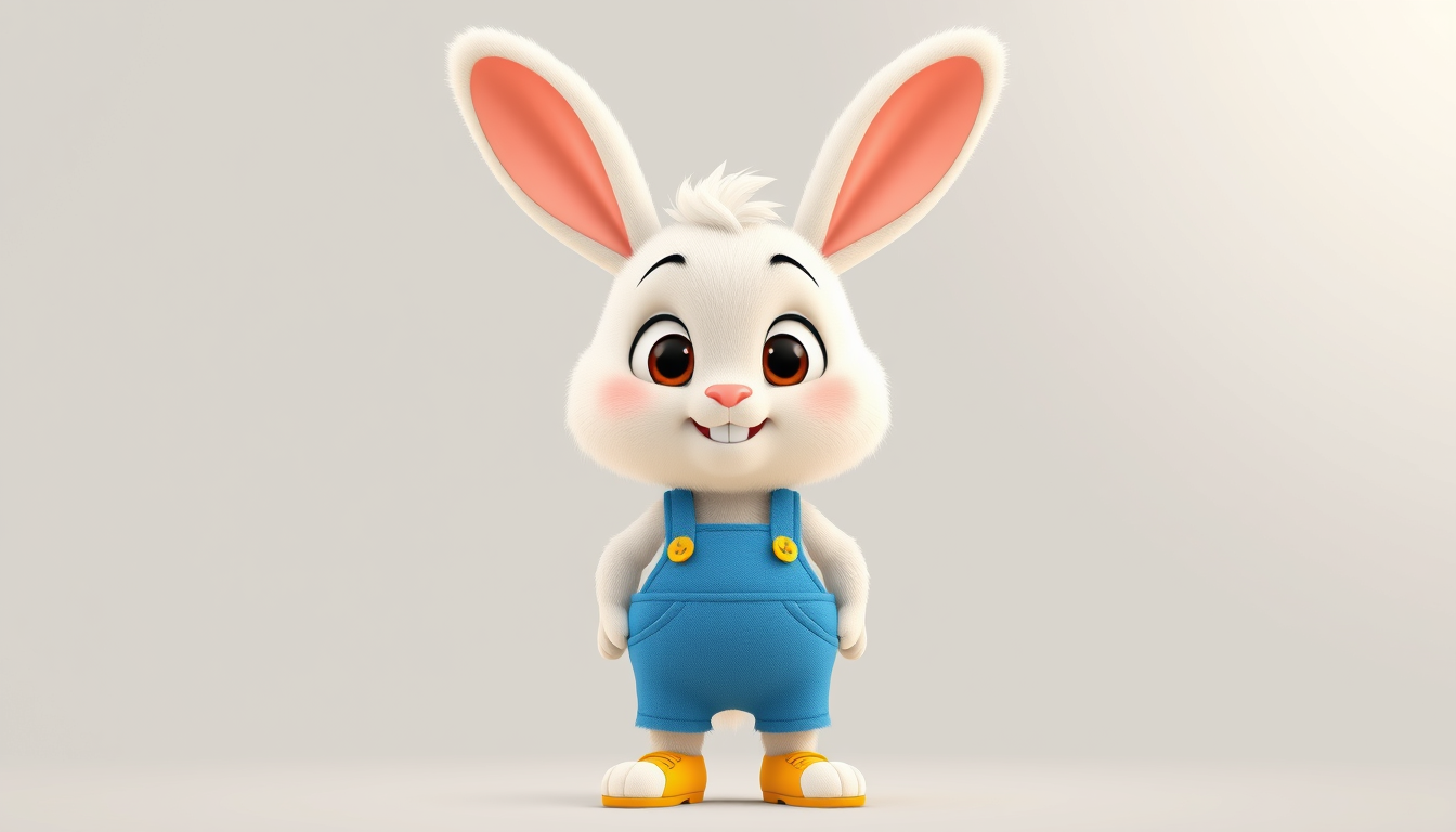 Main art studio: Cute main character bunny named Bobo, hero of a children's cartoon. White soft fluffy fur, big round expressive brown eyes, small pink nose, warm frie