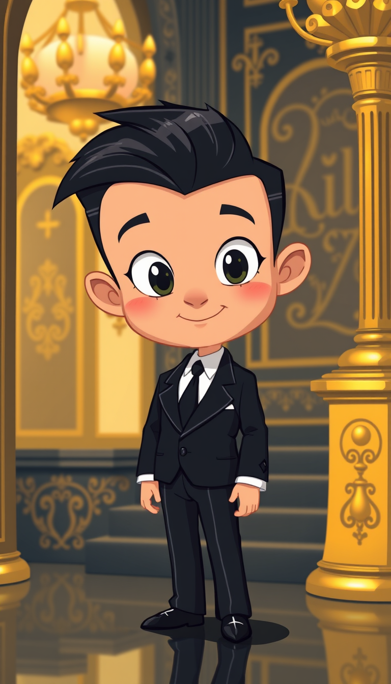 Main art studio: Keep Lil Z’s original baby face and 2D style. Never make him older. Place Lil Z inside a luxurious golden mansion, wearing a tiny black suit, while pr