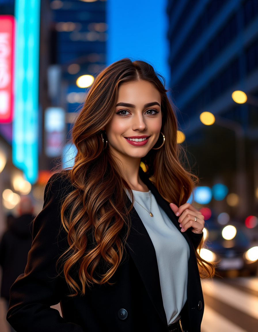 Main art studio: Photorealistic fashion portrait of Elena Voss, young woman with long wavy brown hair, black blazer and white top, standing on a modern city street at