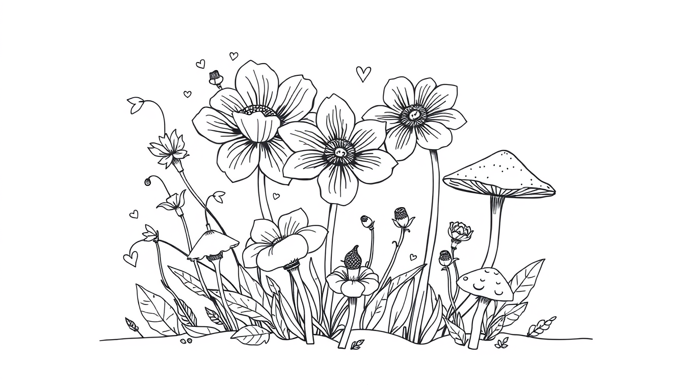 Main art studio: sketch me up some line art of some flowers and flowers with some squiggles and lines and heavily bold lines and mushrooms and complex flowers and simp