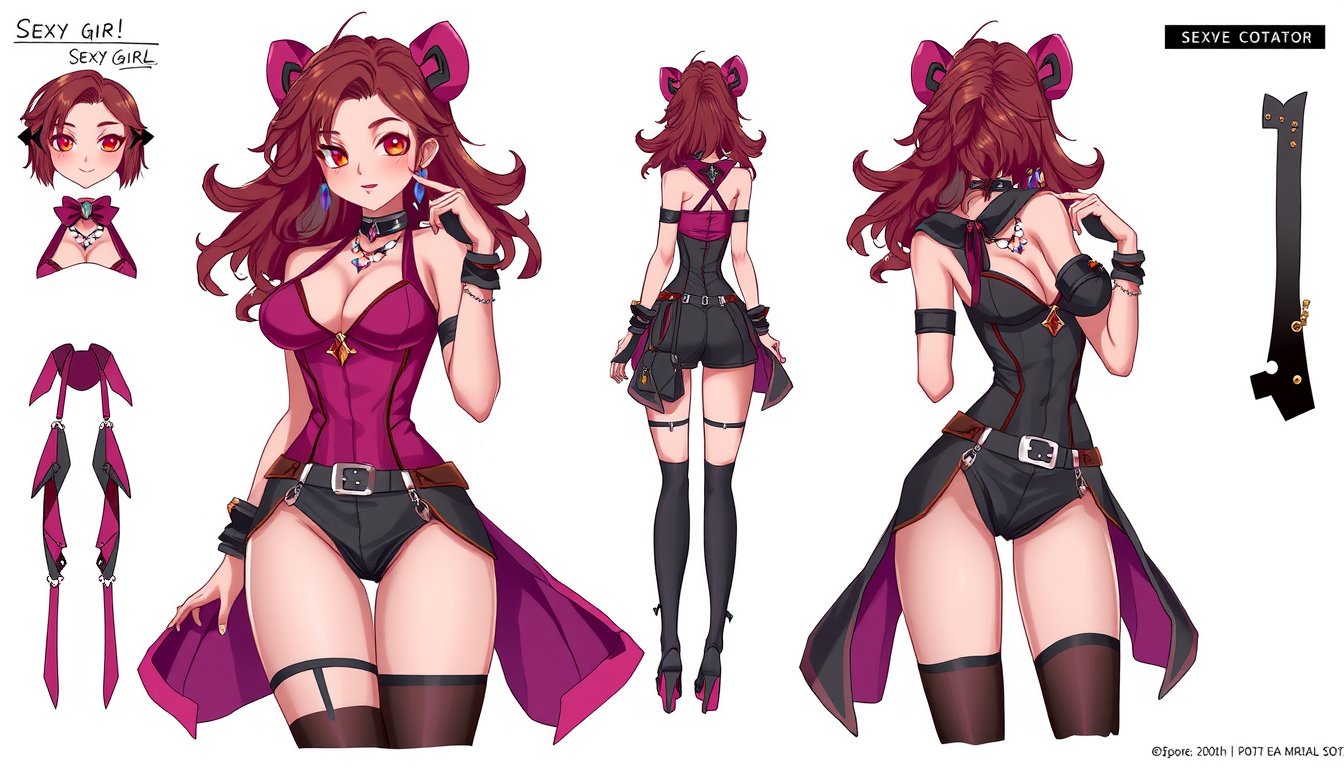 Character idea created from the prompt: original character design, detailed outfit and accessories, expressive personality, Sexy girl , character concept art illustration