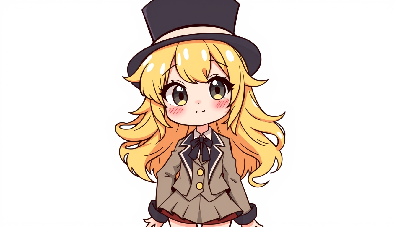 Characters idea: original character design, detailed outfit and accessories, expressive personality, A blonde girl with a top hat, a short and blazer, and a skirt matc