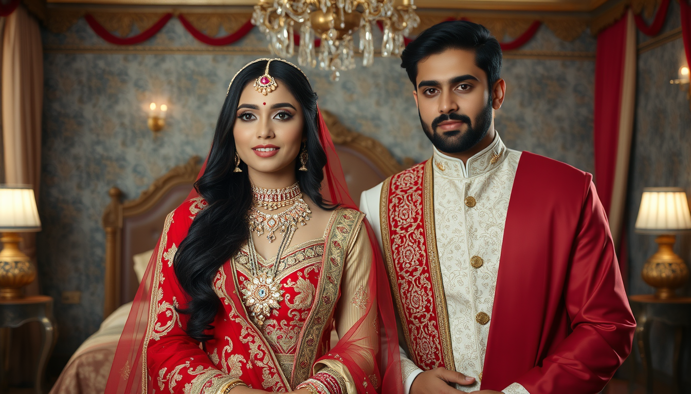 AI Art prompt example created from the prompt: A beautiful 22-year-old Pakistani bride Haya in a red and gold bridal dress, sitting in a grand traditional Pakistani haveli bedroom. Long b