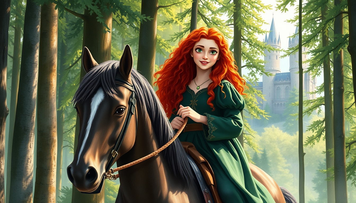 Main art studio: In the beautiful forest near DunBroch, Merida rides her horse through the trees. Merida is a teenage Scottish princess with long curly red hair, green
