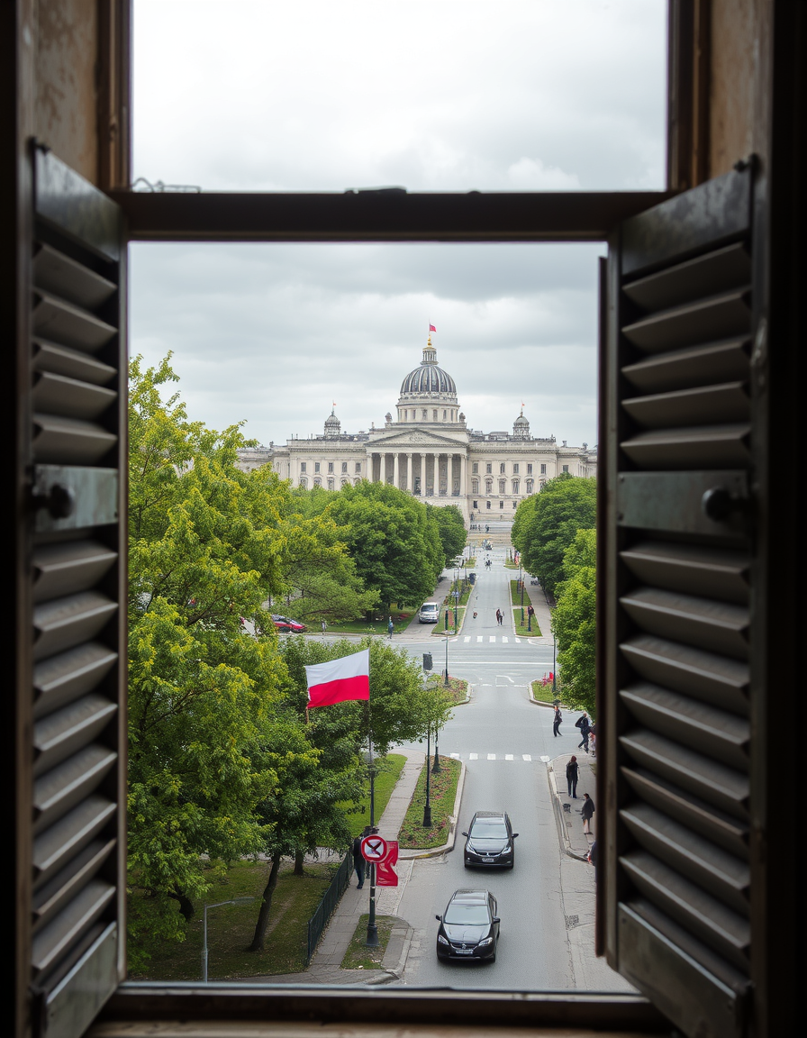 Main art studio: A view through an old window with shutters, overlooking a popular and recognizable landmark in Warsaw — the Palace of Culture and Science. Outside the