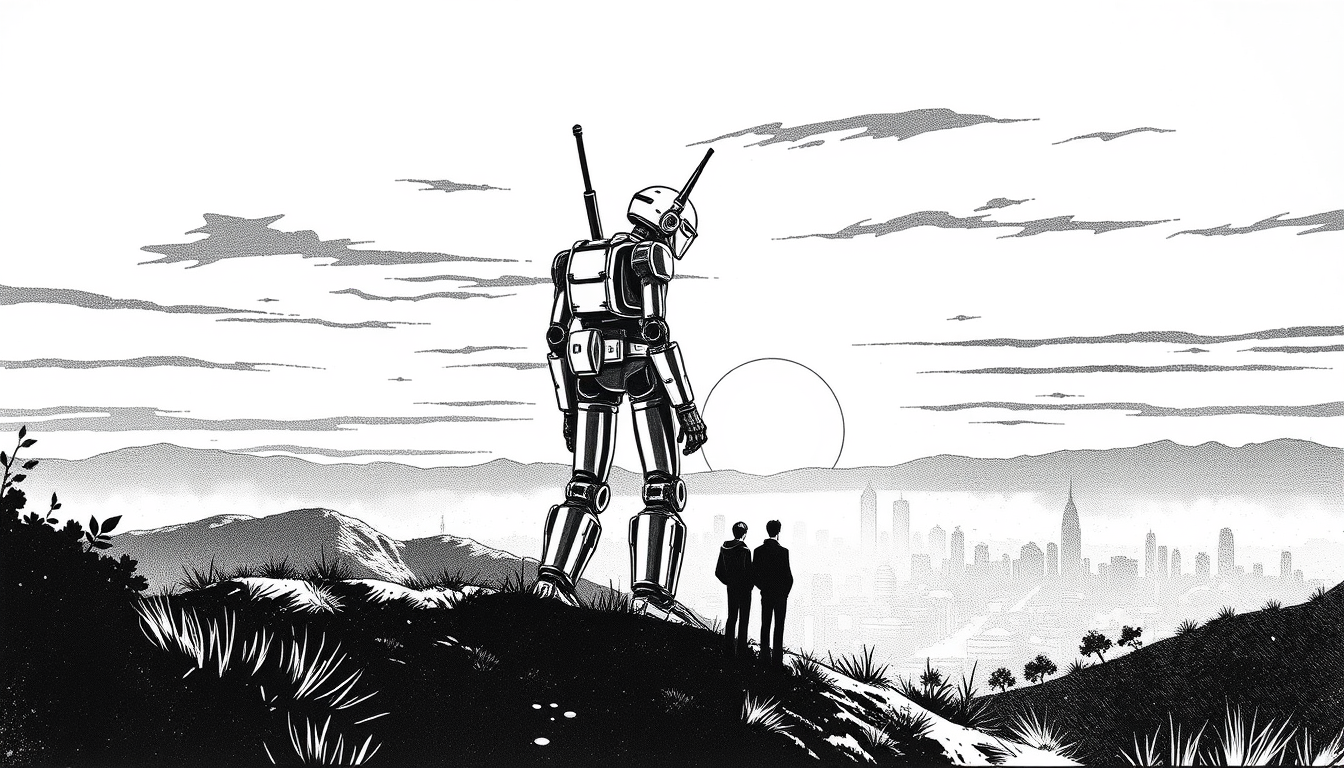 Manga idea created from the prompt: manga panel, black-and-white ink, screentone shading, expressive line weight, blame dystopia, man and tall humanoid robot together on hill b